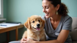 Filhote de cachorro saudável sendo cuidado pelo tutor durante consulta veterinária